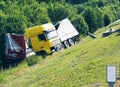 The truck lies in a ditch after the road accident Royalty Free Stock Photo