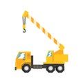 Yellow truck mounted hydraulic crane cartage, heavy industrial machinery vector Illustration