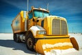 Yellow truck removing snow on a sunny day. Generative AI.