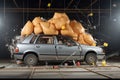 a yellow truck stands in the car. high quality photo, An airbag deploying during a crash test, AI Generated Royalty Free Stock Photo