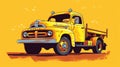 Yellow truck, which is an old-fashioned model. It has been painted in bright colors and stands out against background