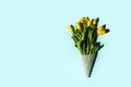 Yellow tulip flowers bouquet with hard shadow on blue background, copy space. Banner for seasonal holiday, springtime concept, Royalty Free Stock Photo