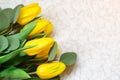 Yellow tulips bunch on white table. Flowers background with copy space. Spring fresh tulips. Happy Mother`s Day card Royalty Free Stock Photo