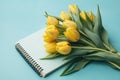 Yellow tulips and a light blue background with a notepad, in the style of understated elegance Royalty Free Stock Photo