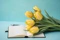 Yellow tulips and a light blue background with a notepad, in the style of understated elegance Royalty Free Stock Photo