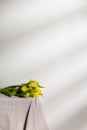 Yellow tulips on table with beige tablecloth. Gray background, diagonal shadows from wall blinds. Copy space Royalty Free Stock Photo