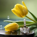 Yellow tulips on the table, wedding rings, on a green background