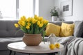 Yellow tulips vase room. Generate Ai
