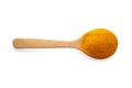 Yellow turmeric powder in a wooden spoon isolated on white background Royalty Free Stock Photo