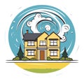 Yellow two-story house with a large tsunami wave approaching. Natural disaster and home emergency concept vector