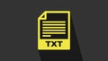 Yellow TXT file document. Download txt button icon isolated on grey background. Text file extension symbol. 4K Video