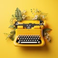 Yellow typewriter with flowers on yellow background. Inspiration for writing concept. AI Generated