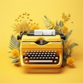 Yellow typewriter with flowers on yellow background. Inspiration for writing concept. AI Generated