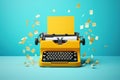 Yellow typewriter with flying papers on a blue background. Inspiration for writing concept. AI Generated