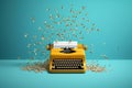 Yellow typewriter with flying papers on blue background. Inspiration for writing concept. AI Generated