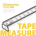 Yellow typography set of construction tools on white. Wire measure tape. Royalty Free Stock Photo
