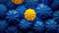 The yellow umbrella among blue.AI generated image Royalty Free Stock Photo