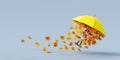 Yellow umbrella flying with colorful autumn leaves on gray background