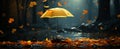 yellow umbrella in the park with fallen autumn leaves in the rain, Royalty Free Stock Photo