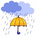 Yellow umbrella and raining clouds illustration cartoon drawing and white background and white background