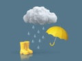 Yellow umbrella and rubber boots under rain cloud on dark blue background