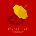 Yellow umbrella with shadow 3d isometric pattern, Hong Kong protest extradition legal problem concept poster and social banner