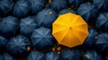 Yellow umbrella stand out from the crowd of many black umbrellas. Business, leader concept. Royalty Free Stock Photo