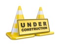 Yellow UNDER CONSTRUCTION sign and two road cones