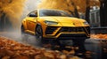 yellow Urus Lamborghini in rain