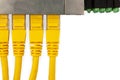 4 yellow UTP patch cords connected in ethernet switch, with top view. Royalty Free Stock Photo