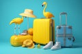 flamingo vacation blue suitcase yellow background summer concept baggage sunglasses travel. Generative AI. Royalty Free Stock Photo