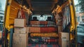 Yellow van interior filled with moving boxes and blankets Royalty Free Stock Photo