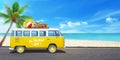 Yellow van on the journey. Beach with palm tree in background Royalty Free Stock Photo