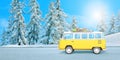 Yellow van on the road, with ski equipment on the roof Royalty Free Stock Photo