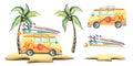 A yellow van with surfboards on the roof is walking along a sandy island with a coconut tree. Watercolor illustration Royalty Free Stock Photo