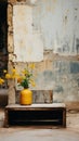 A yellow vase with flowers sitting on a bench, AI Royalty Free Stock Photo