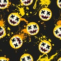 Yellow vector seamless pattern with creepy joker emoji, smile illustration. Graphic design Isolated on black background