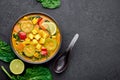 Yellow Veg Thai Curry with Tofu and vegetables in black bowl at dark slate background. Thai Food. Indian vegetable curry Royalty Free Stock Photo