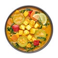 A Yellow Veg Thai Curry with Tofu and vegetables isolated on white background. Thai Food. Indian vegetable curry Royalty Free Stock Photo