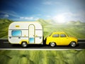 Yellow vintage car on the road with caravan. 3D illustration