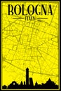 Hand-drawn downtown streets network printout map of BOLOGNA, ITALY Royalty Free Stock Photo