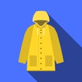 Yellow vintage raincoat icon in flat design with long shadow on blue background