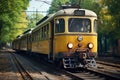 Yellow vintage tram in the city center. Historical street tramway