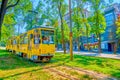 The yellow vintage tram rides along the greenery of Dmytro Yavornytsky Avenue in Dnipro, Ukraine Royalty Free Stock Photo