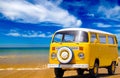 Holidays Summer Travel, Yellow Vintage Van, Sand Beach Coastline Royalty Free Stock Photo