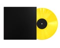 Yellow Vinyl Disc Record with Black Cover Sleeve and Black Label Isolated on White Background. Royalty Free Stock Photo