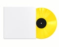 Yellow Vinyl Disc Record with White Cover Sleeve and Black Label Isolated on White Background.