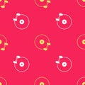 Yellow Vinyl disk icon isolated seamless pattern on red background. Vector