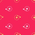 Yellow Vinyl player with a vinyl disk icon isolated seamless pattern on red background. Vector