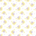 Yellow and violet ornate birds with dots in the background